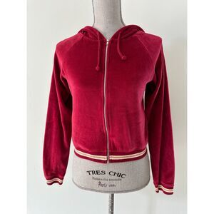 Vintage Y2k Burgundy Red Velvet Velour Track Jacket Hoodie size Junior Medium